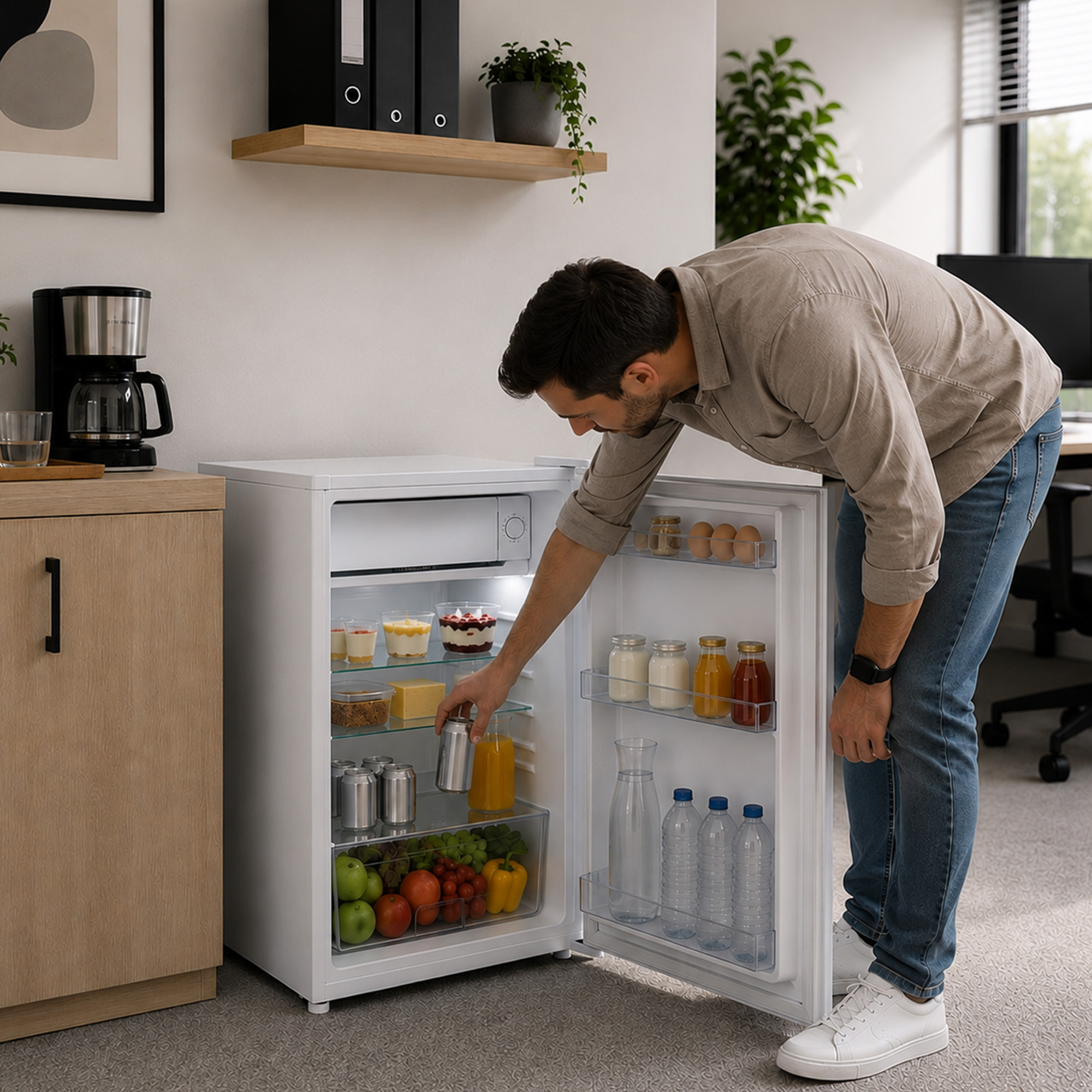Mann in Jeans und Hemd greift in einen offenen kleinen Kühlschrank voller Lebensmittel und Getränke.