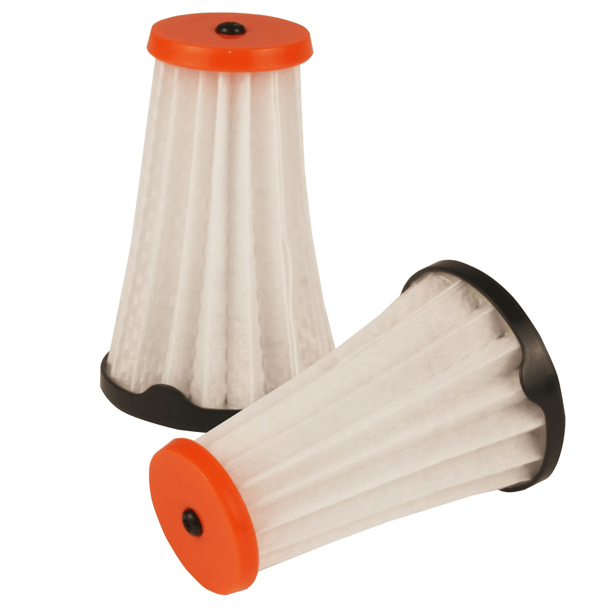 Due filtri conici bianchi con tappi arancioni e neri su sfondo bianco.