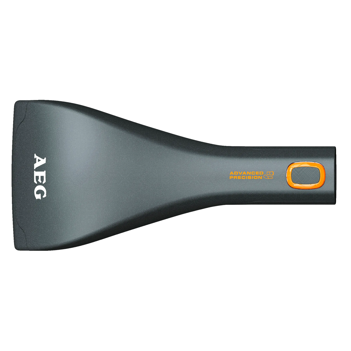 Aspirador de ventanas AEG gris oscuro con botón de encendido naranja sobre fondo negro.