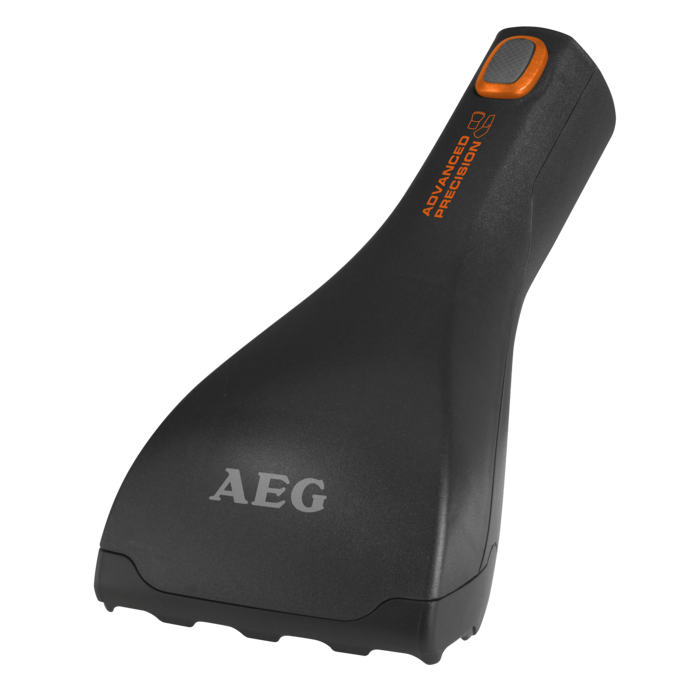 Plancha de vapor portátil AEG negra con detalles en naranja sobre fondo negro.