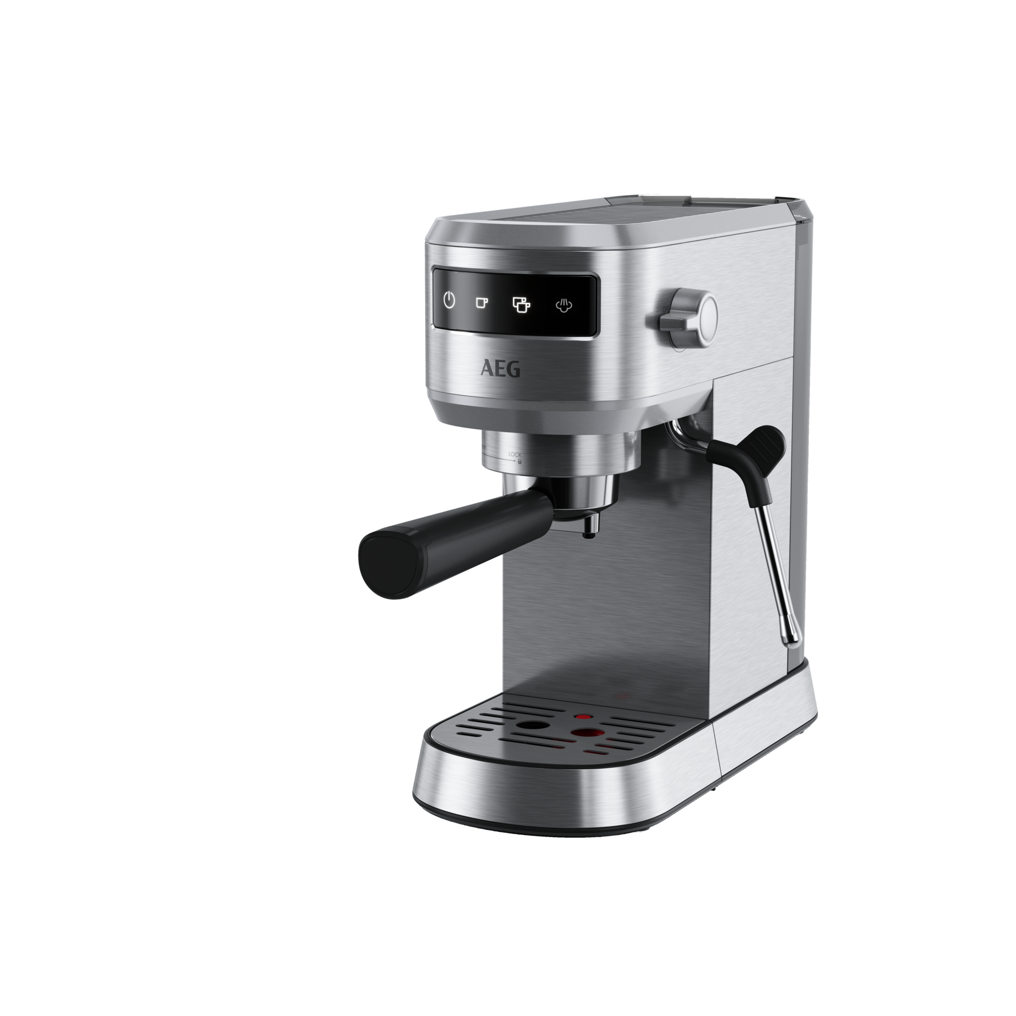 Eine silberne AEG-Espressomaschine mit schwarzem Griff und Dampfdüse auf schwarzem Hintergrund.