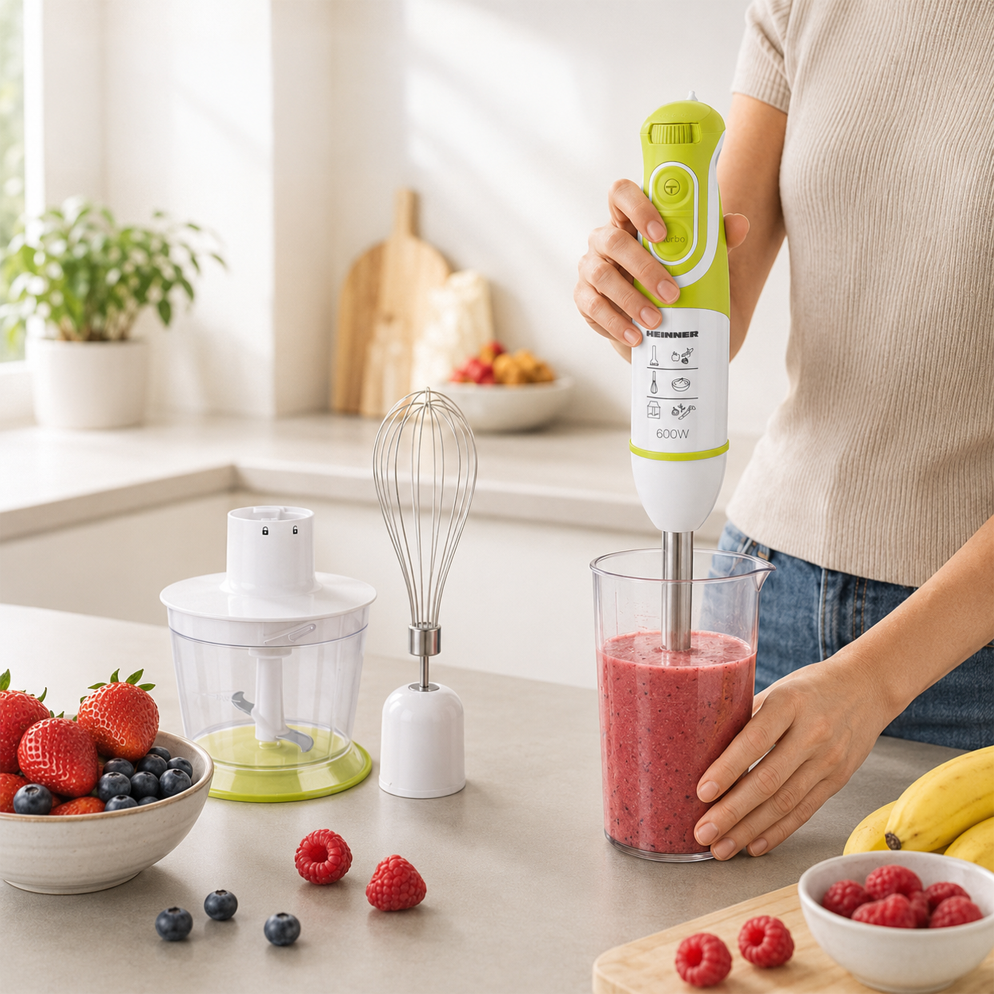 A person blends red berries with a green hand blender in a kitchen.