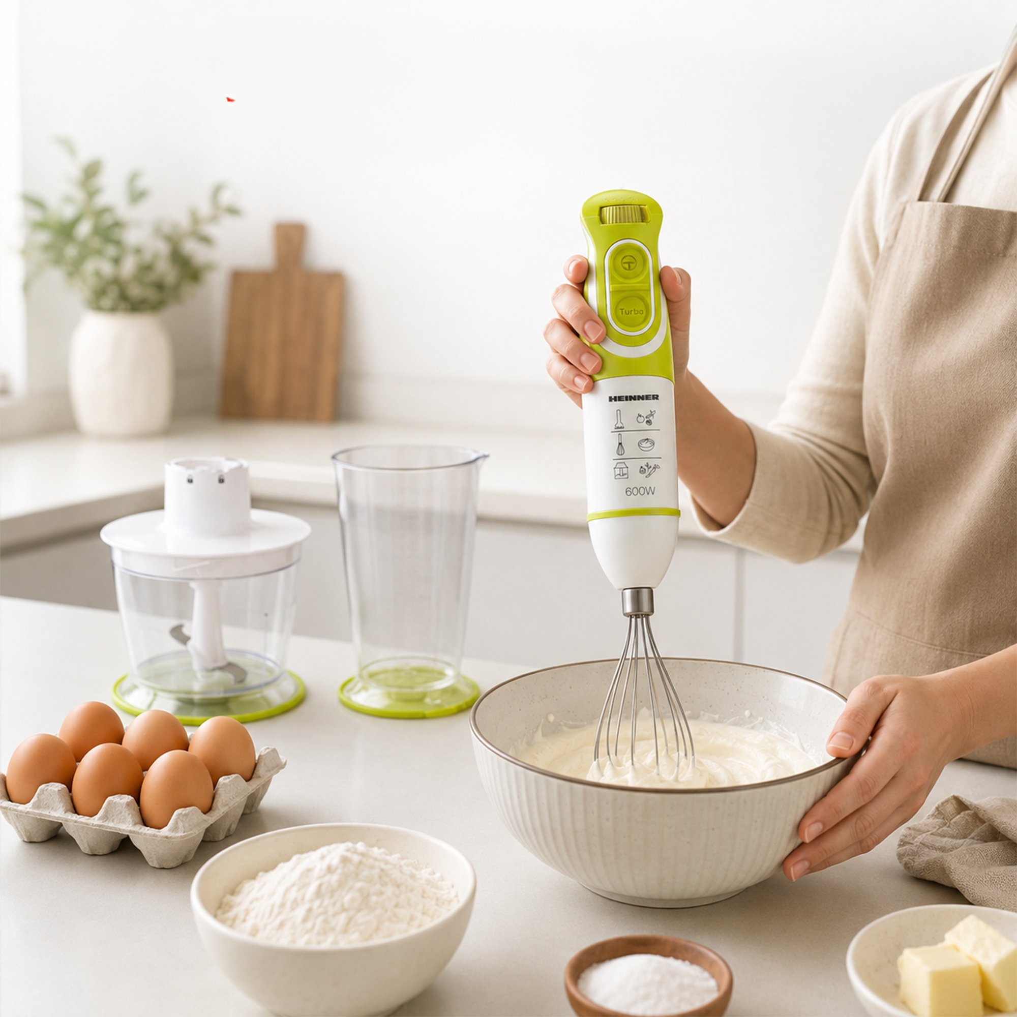 A person uses a green hand blender in a kitchen with flour, eggs, and butter.