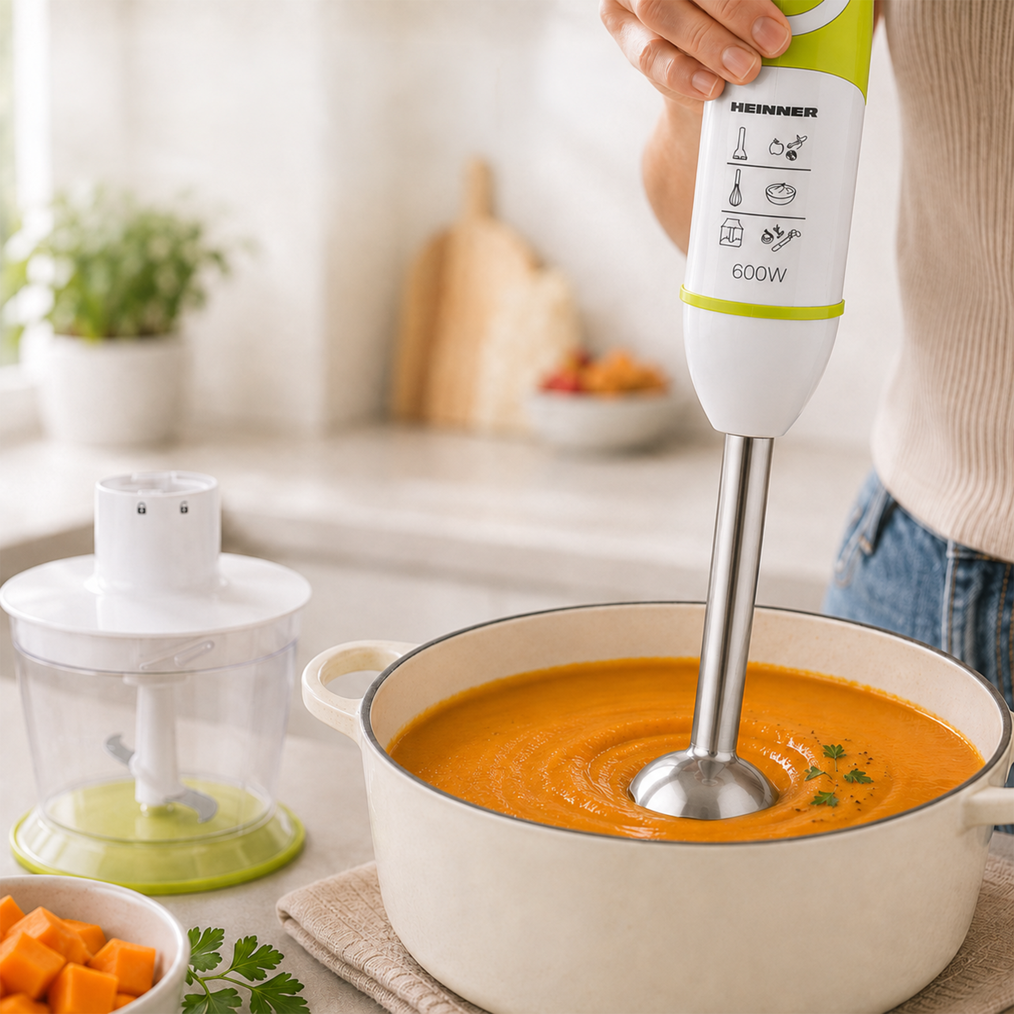 Someone blends orange soup in a pot using a white and green hand blender.