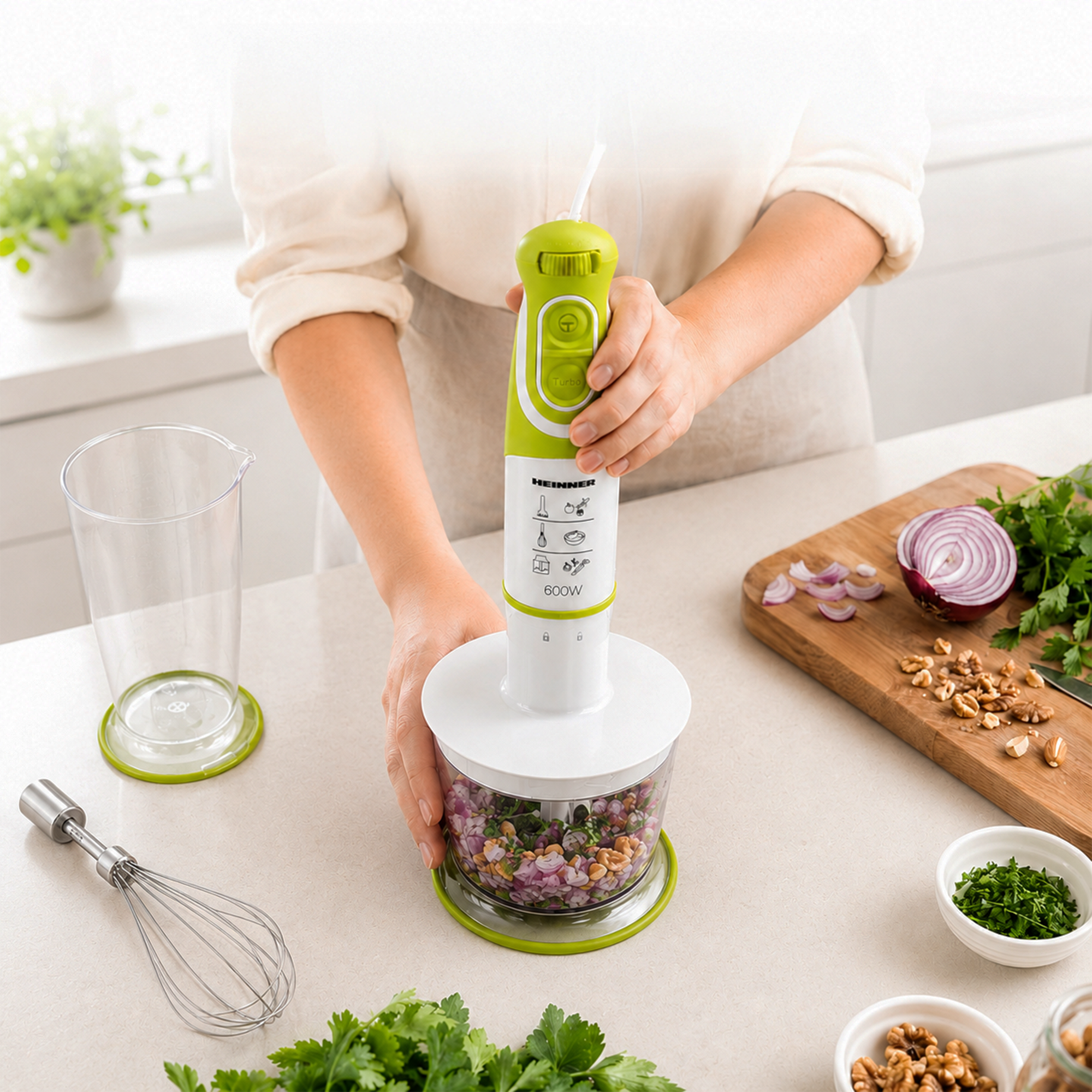 A person uses a green and white hand blender to chop onions and nuts in a kitchen.