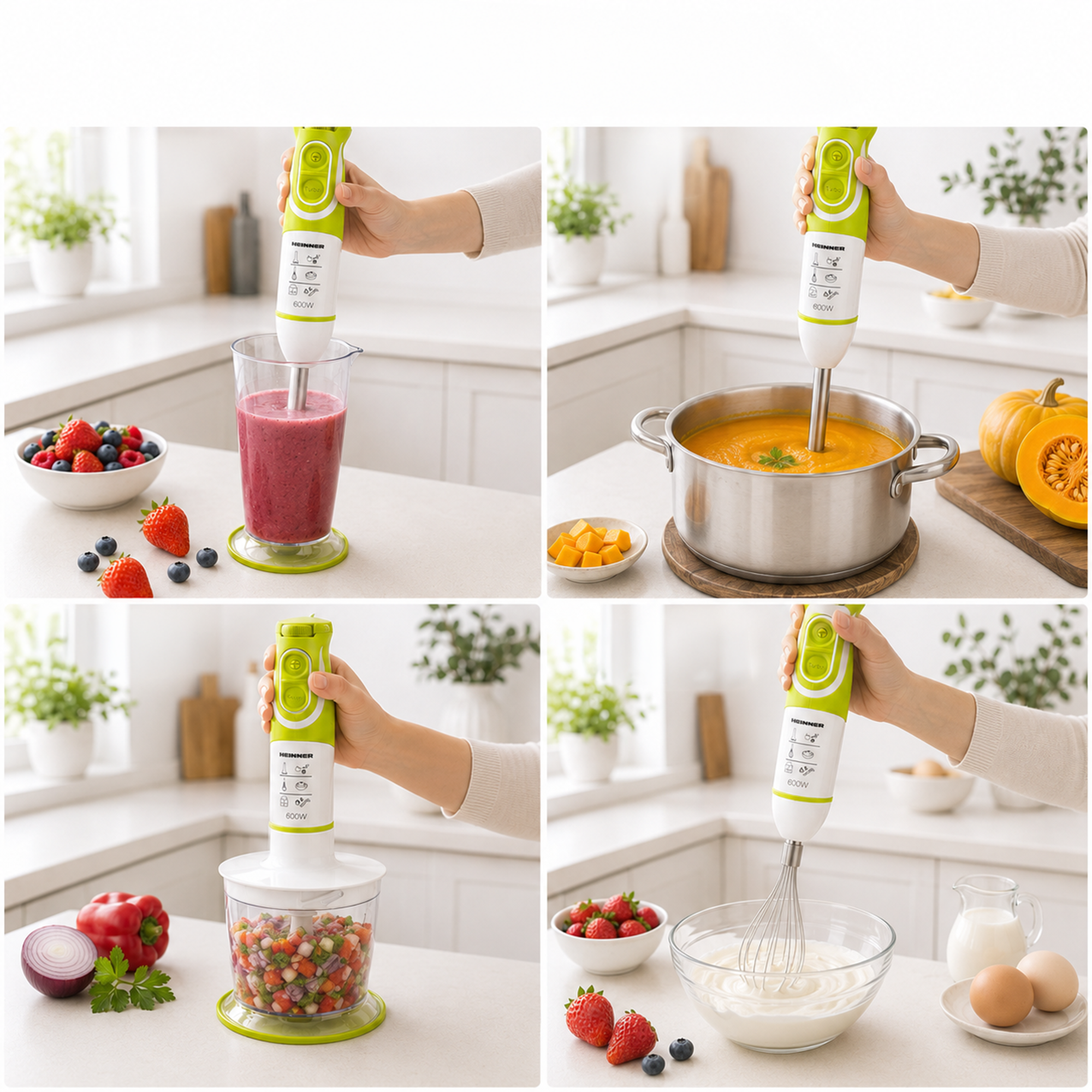 Quatre panneaux montrent un mixeur plongeant vert mixant des smoothies, de la soupe, hachant des légumes et de la crème.