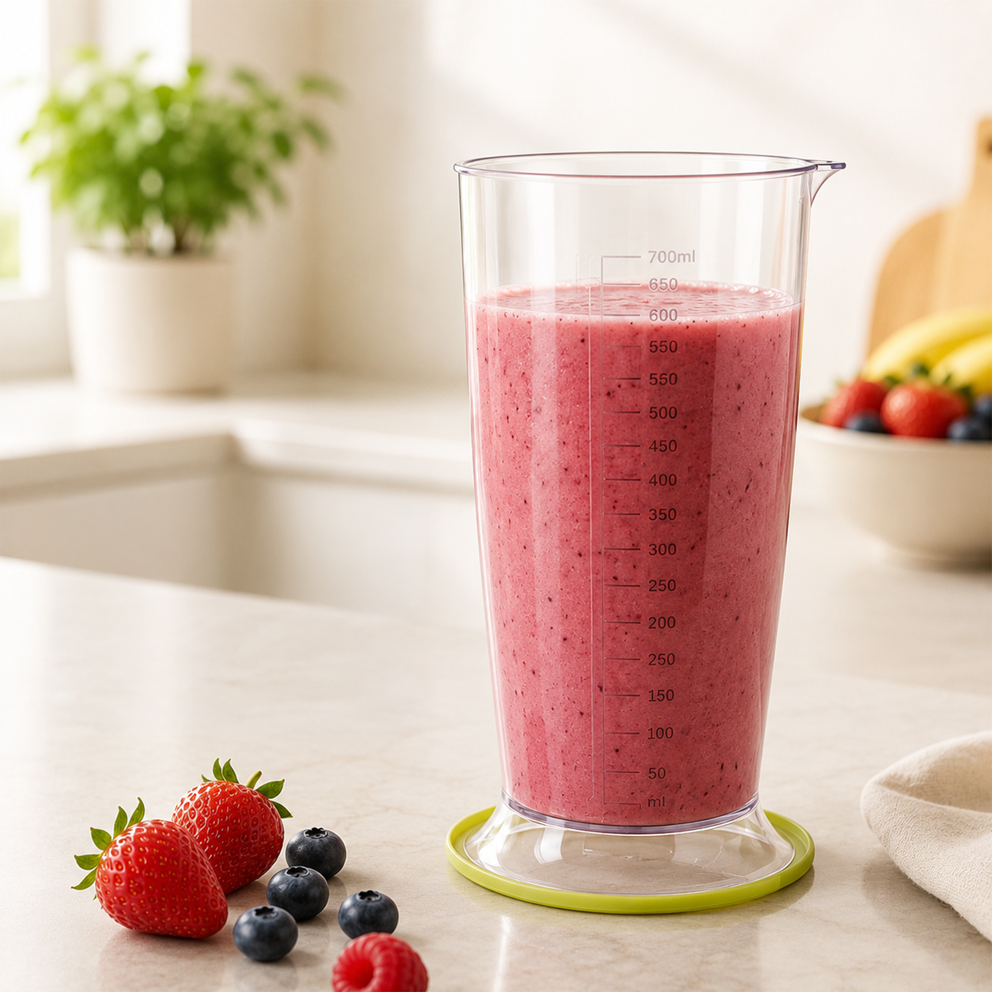 A tall measuring cup filled with pink smoothie sits on a counter, surrounded by fresh strawberries and blueberries.