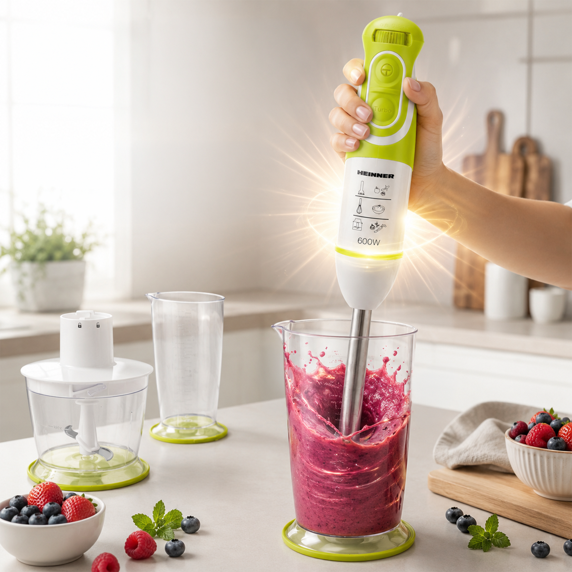 Hand blender blends red berries in a beaker, surrounded by fresh fruit in a modern kitchen.