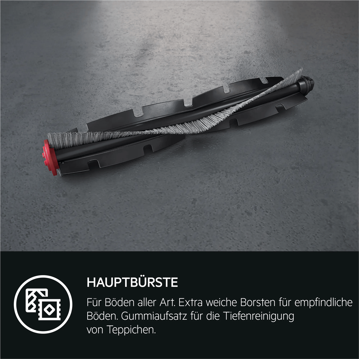 Schwarze Hauptbürste mit roten Akzenten für Staubsauger auf grauem Hintergrund mit Text.