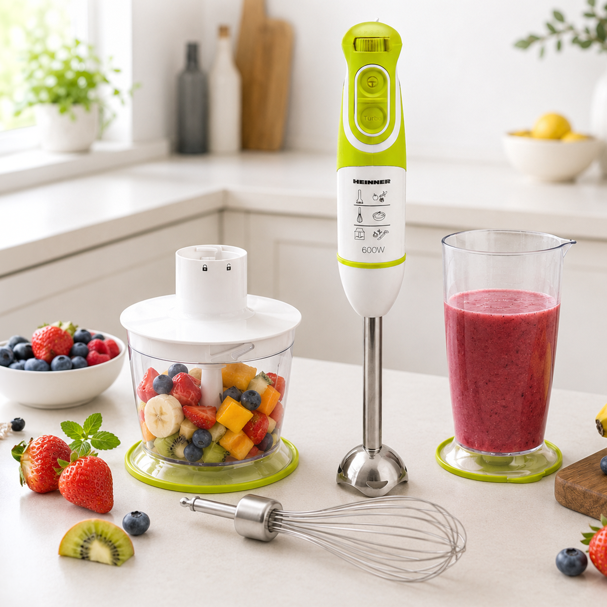 Green and white immersion blender with accessories and fruits in a kitchen.