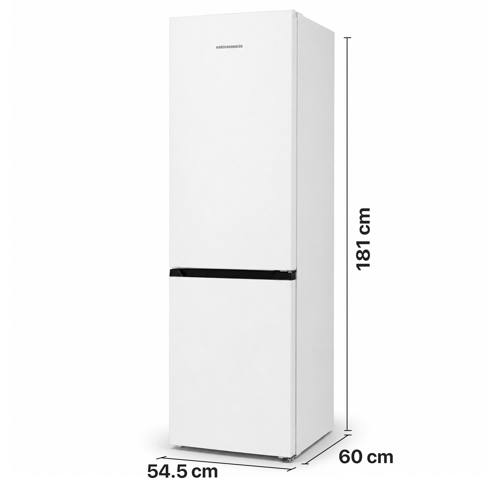 Un réfrigérateur blanc Heinner mesurant 181 cm de haut, 54,5 cm de large et 60 cm de profondeur sur fond blanc.