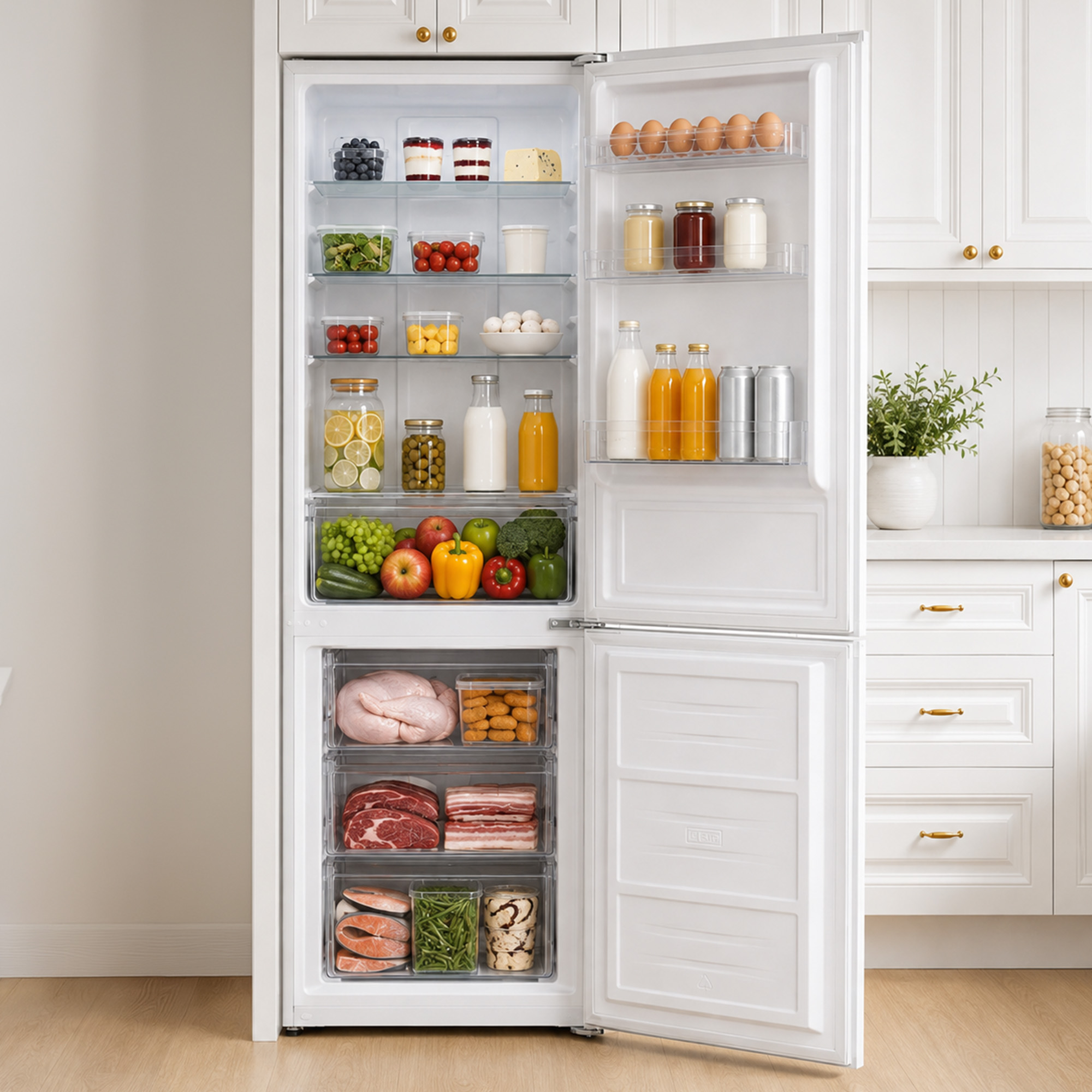 Un réfrigérateur blanc ouvert rempli de fruits frais, de légumes, de boissons, de viande et d'œufs.