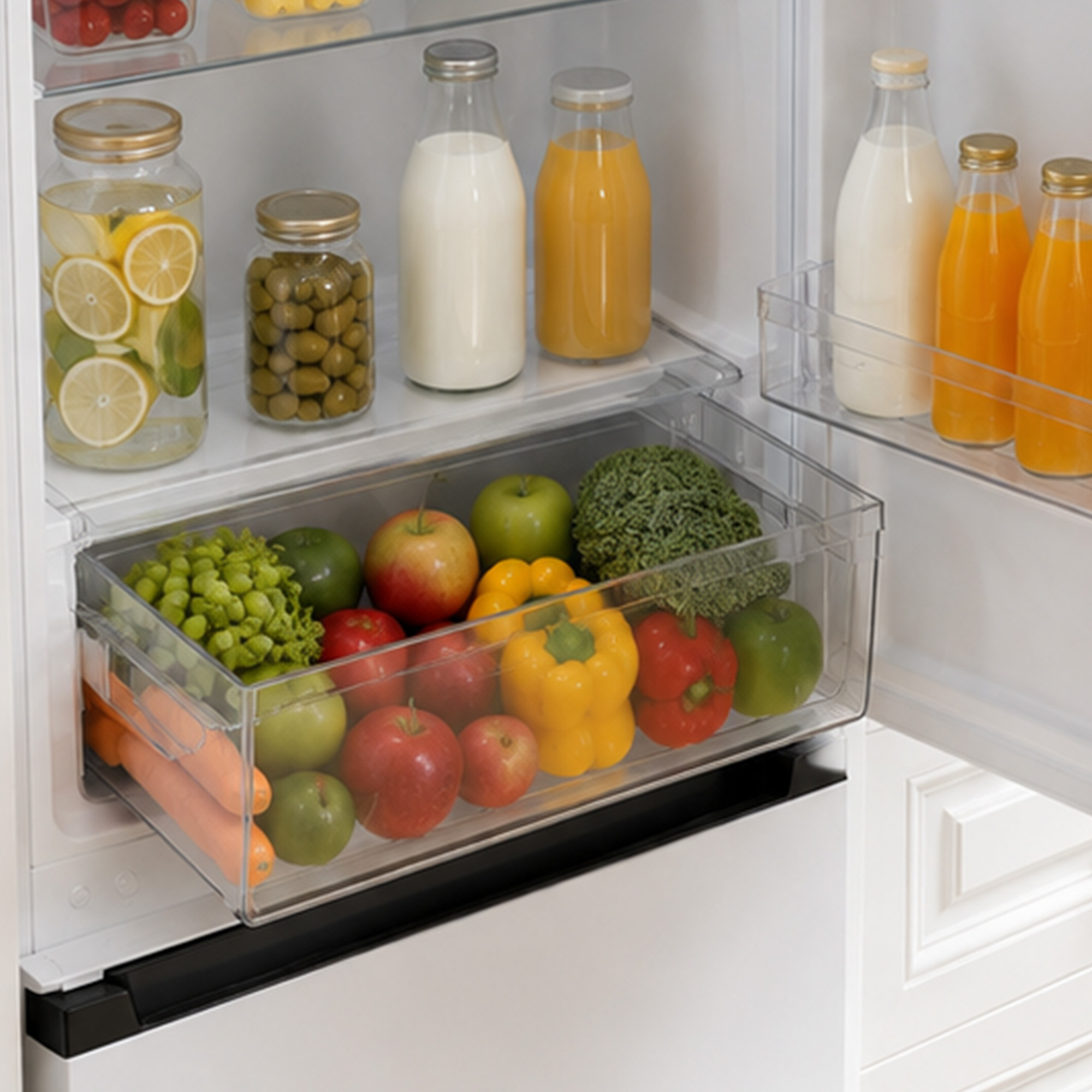 Intérieur de réfrigérateur ouvert avec bouteilles, légumes marinés, pommes, poivrons, brocoli et carottes.