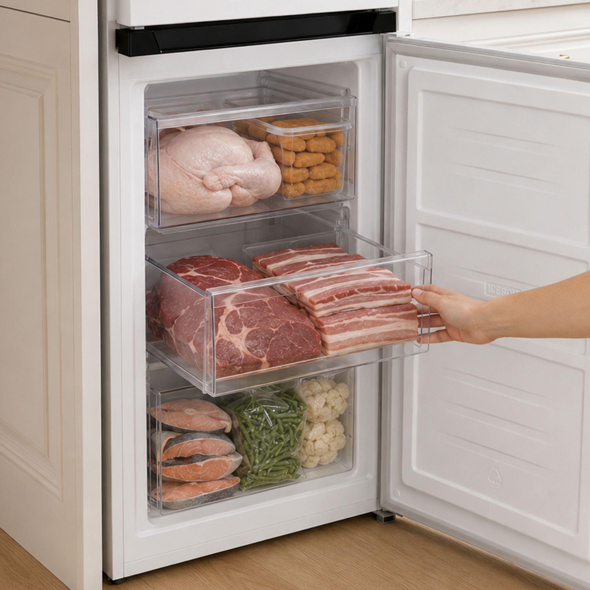 Un congélateur ouvert avec des tiroirs transparents remplis de viande, de poisson et de légumes.