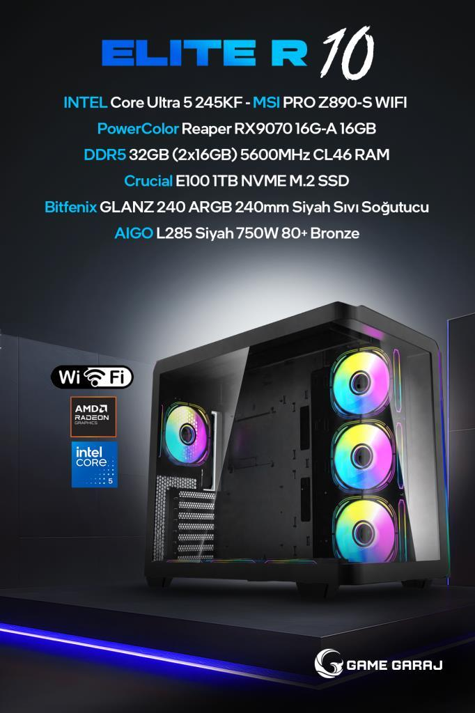 Renkli RGB fanlara sahip siyah bir oyuncu kasası ve üstte teknik özellikler.