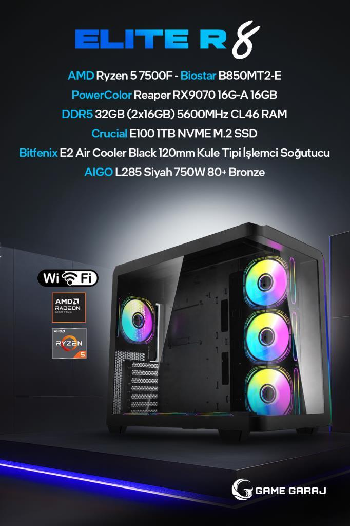 RGB fanlı, cam yan panelli ve AMD Ryzen bileşen listeli oyun bilgisayarı.