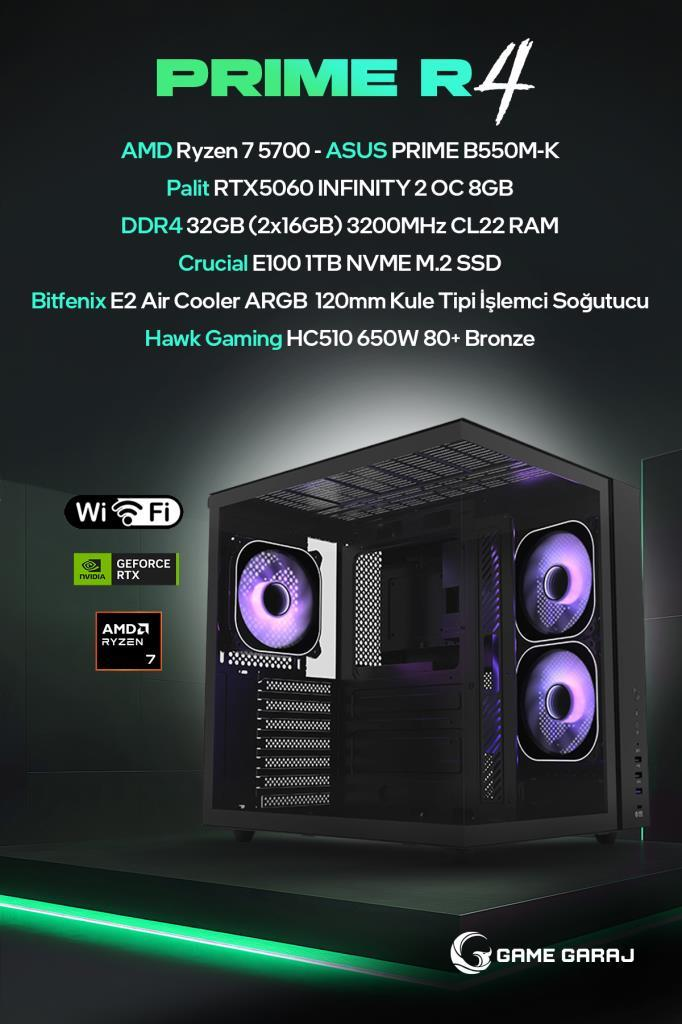 Karanlık arka planda Ryzen 7, RTX grafik ve RGB fanlara sahip Prime R4 oyun bilgisayarı.