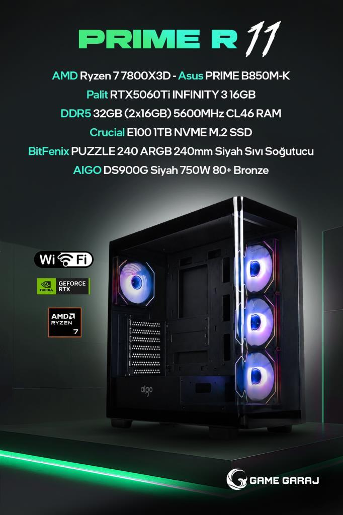 Aydınlatmalı RGB fanlara sahip siyah bir oyun bilgisayarı masada duruyor, üstte bileşen özellikleri listelenmiş.