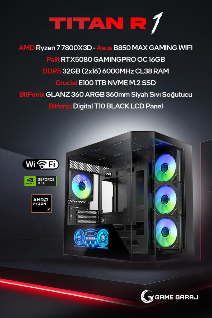 RGB fanlı, LCD panelli, AMD Ryzen 7 ve RTX 5080 ekran kartlı Titan R1 oyuncu bilgisayarı.