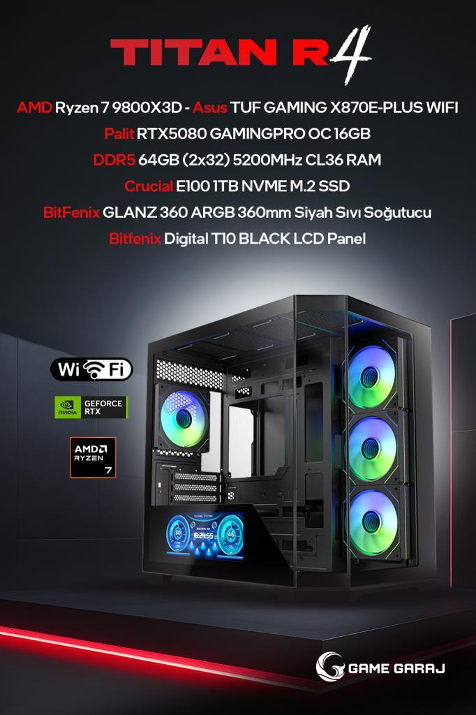 RGB fanlı, AMD Ryzen 7, RTX 5080'li TITAN R4 oyuncu PC'si ve koyu arka planda sistem özellikleri.