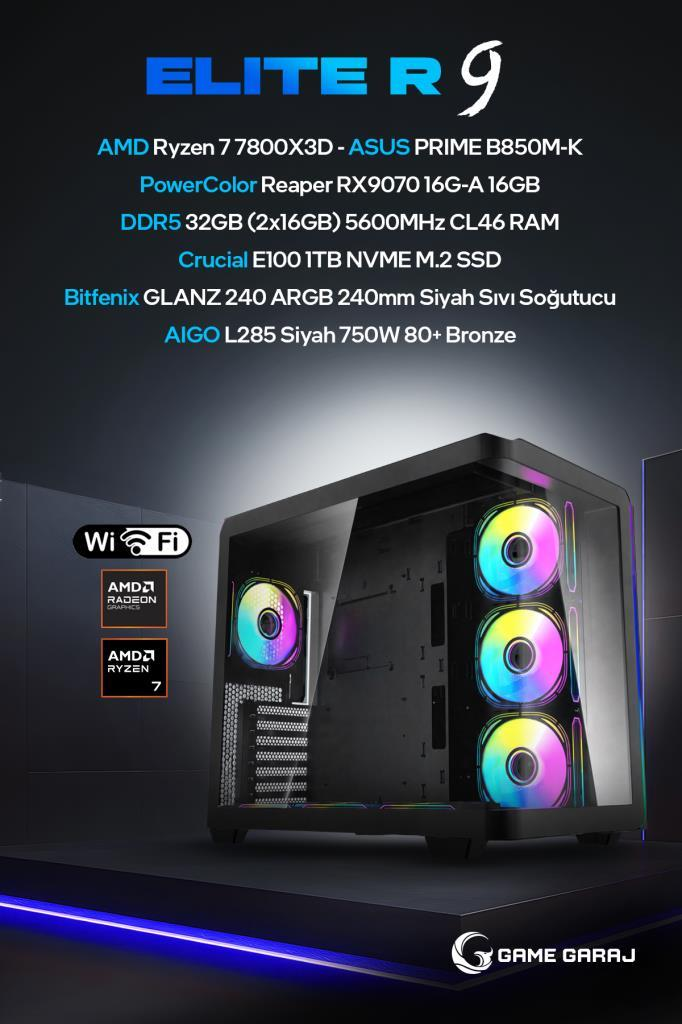 RGB fanlı ve üstte özellikleri yazılı oyuncu bilgisayarı.
