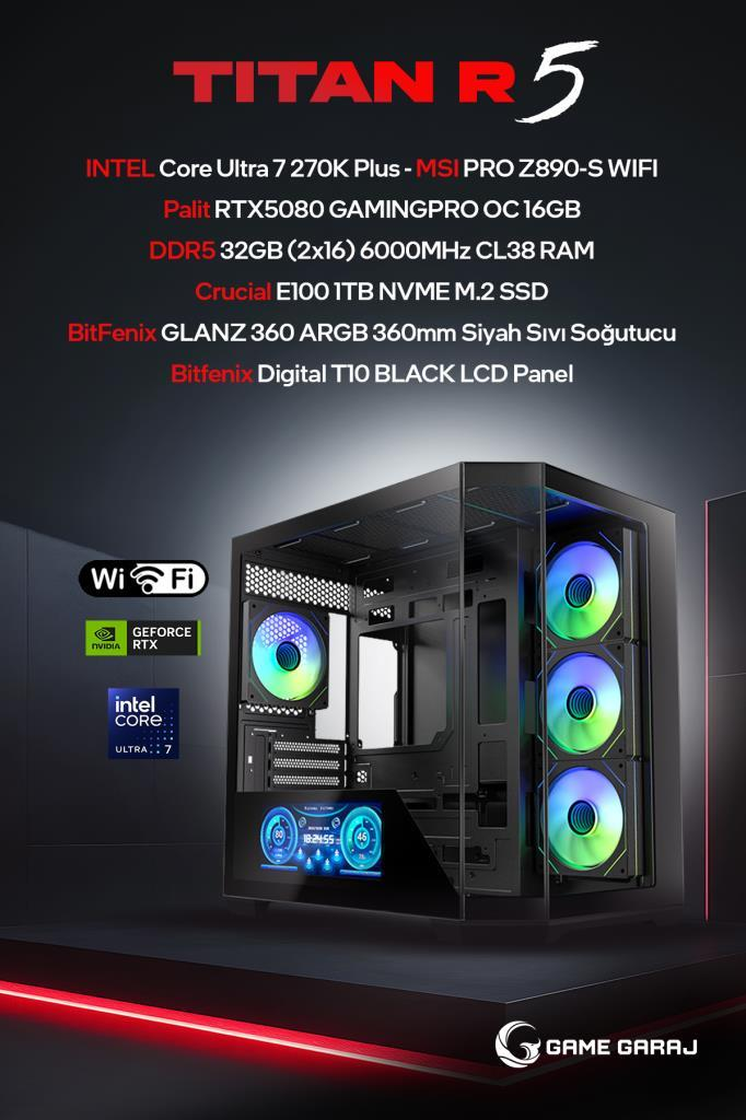 RGB fanlı, siyah cam kasalı ve bileşen özellikli Titan R5 oyuncu bilgisayarı.