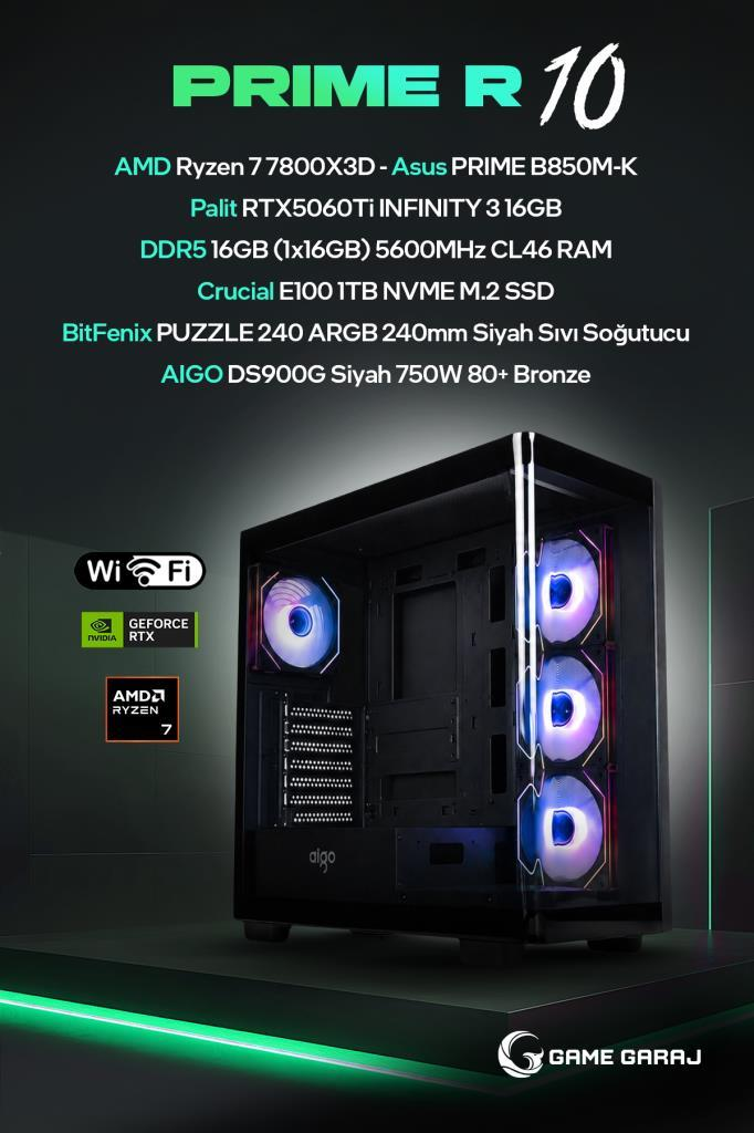 AMD Ryzen 7, RTX 5060Ti, 16GB RAM, 1TB SSD ve RGB fanlara sahip PRIME R10 oyuncu bilgisayarı.