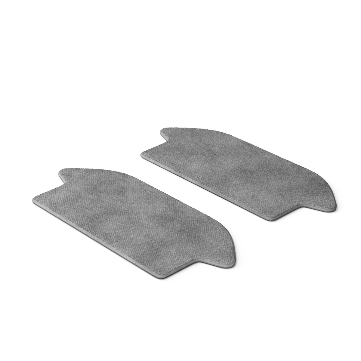 Dos alfombrillas de moqueta grises con bordes redondeados sobre fondo blanco.