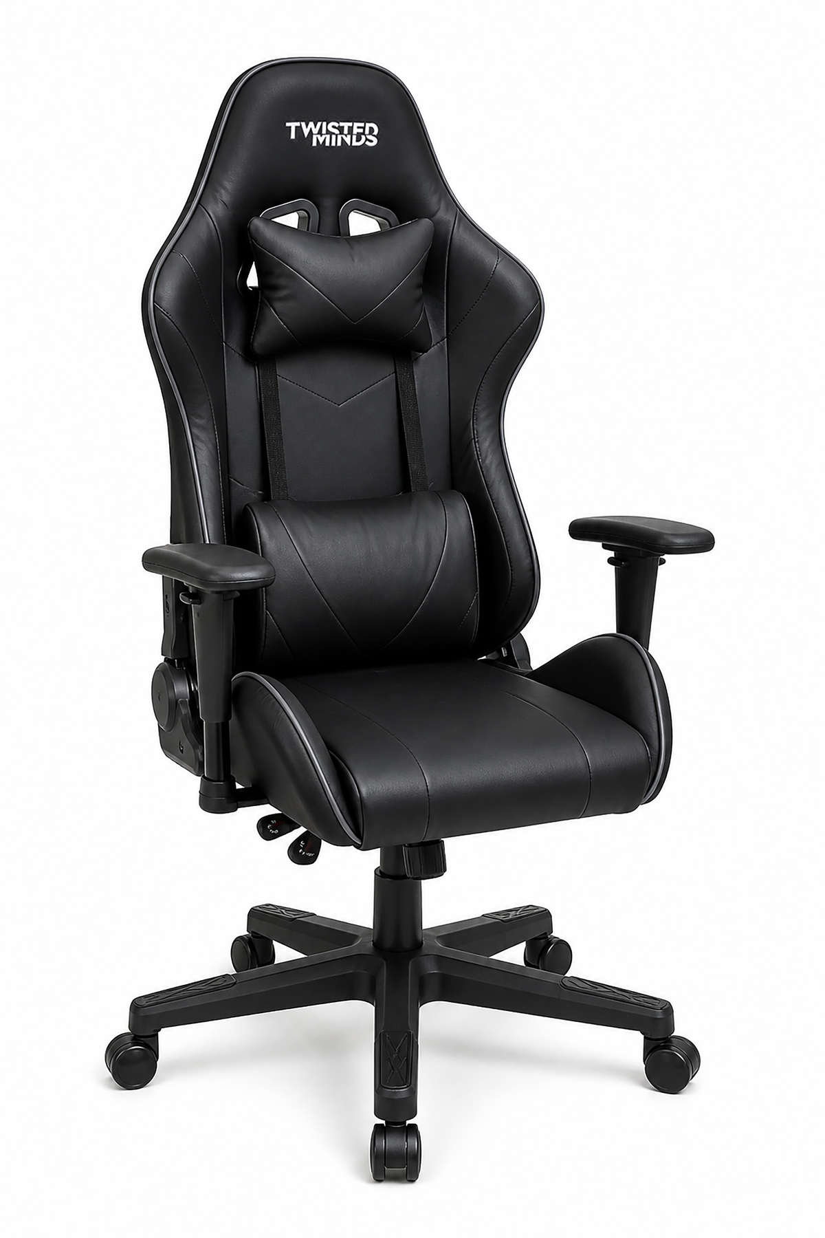 Beyaz arka planda baş ve bel yastıklı siyah ergonomik oyuncu koltuğu.