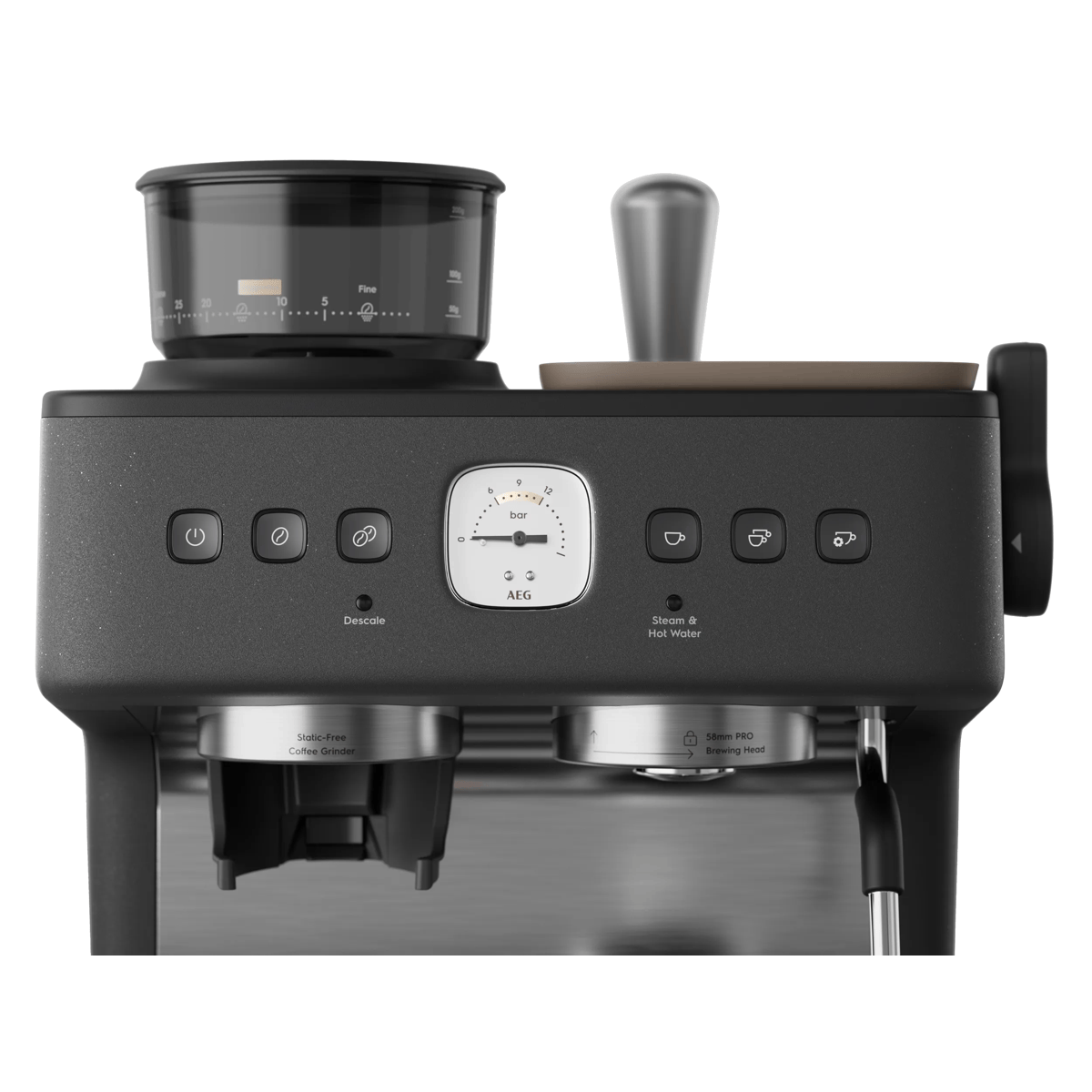 Frontansicht einer schwarzen AEG Espressomaschine mit Mahlwerk, Druckanzeige und Knöpfen.