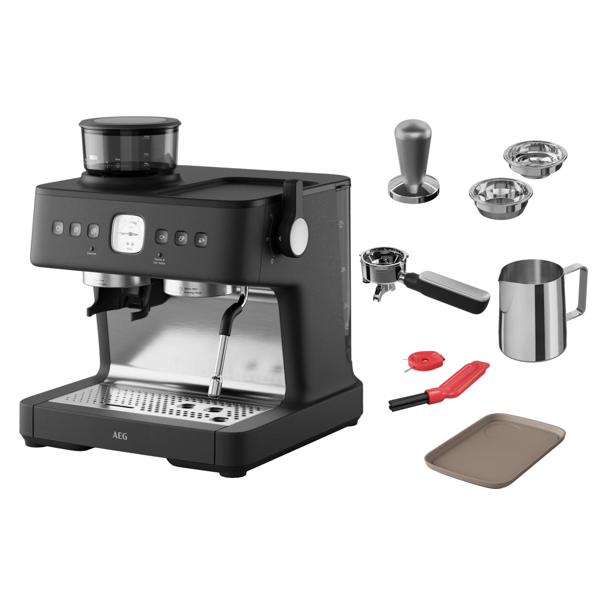 Eine schwarze Espressomaschine mit Bohnenbehälter, Dampfdüse und Zubehör wie Tamper, Siebträger und Milchkännchen.