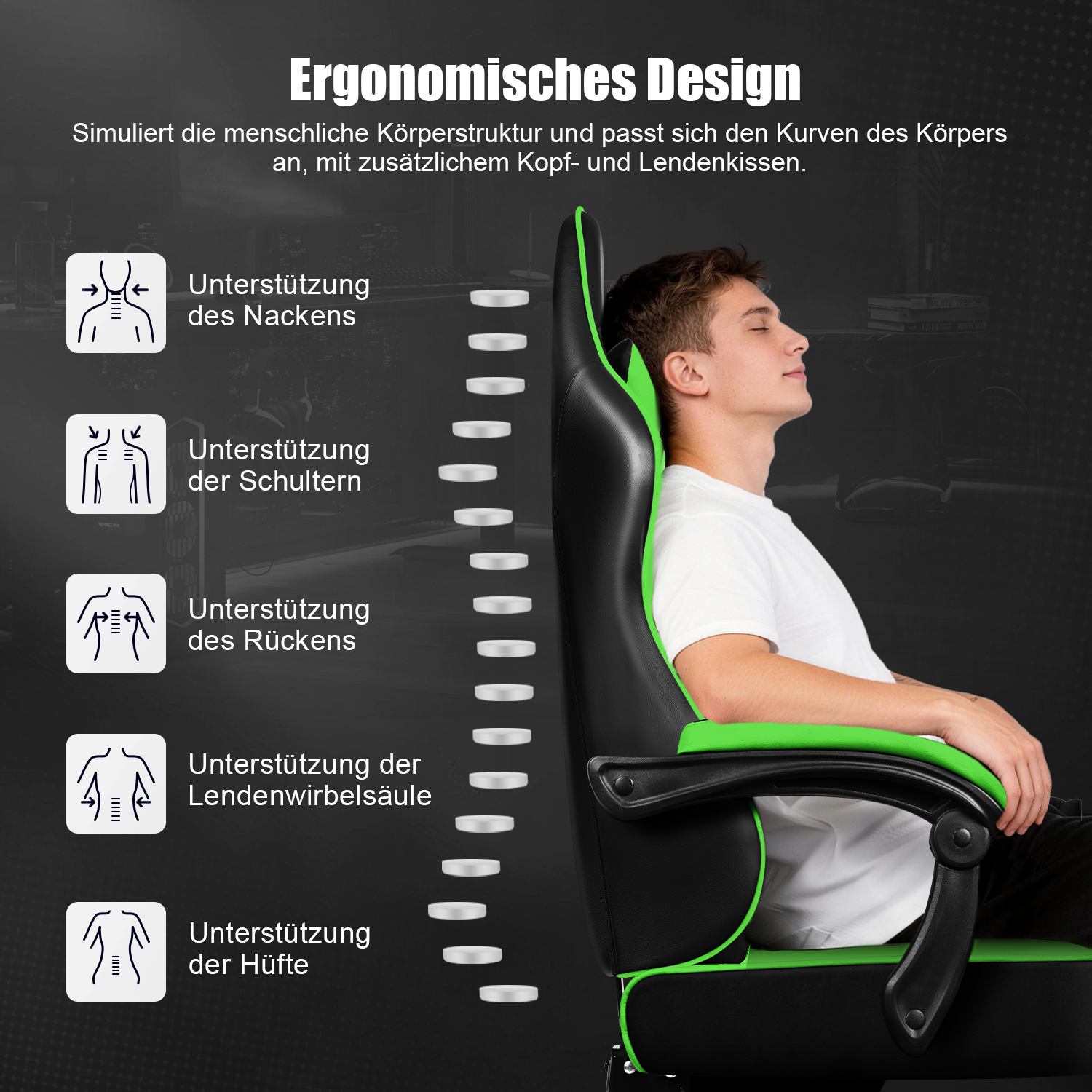 Ein Mann sitzt entspannt in einem ergonomischen Schwarz-Grün-Gaming-Stuhl mit Körperstützungsdiagrammen.