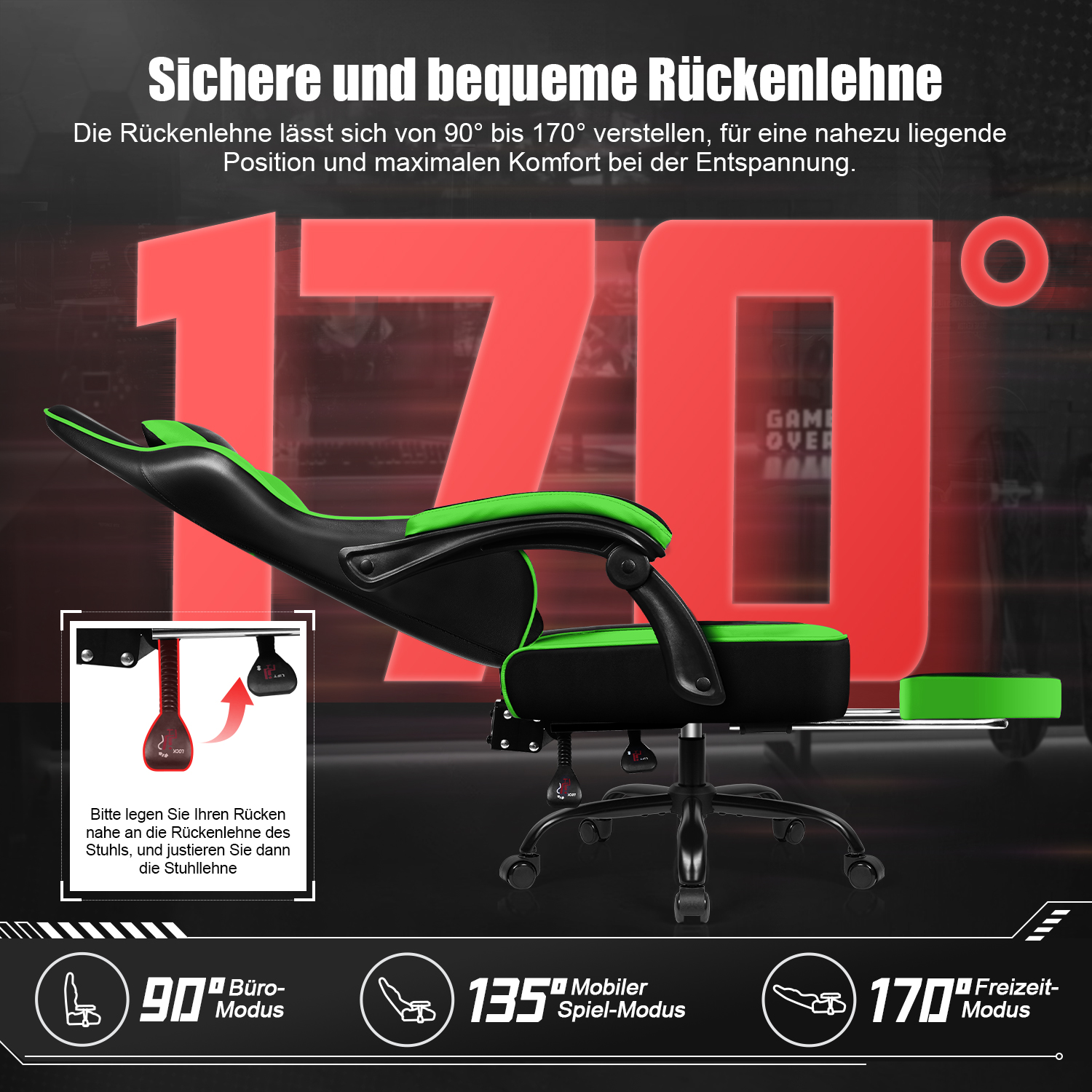 Ein schwarz-grüner Gaming-Stuhl, der auf 170 Grad geneigt ist, mit verstellbarer Rückenlehne und Fußstütze.