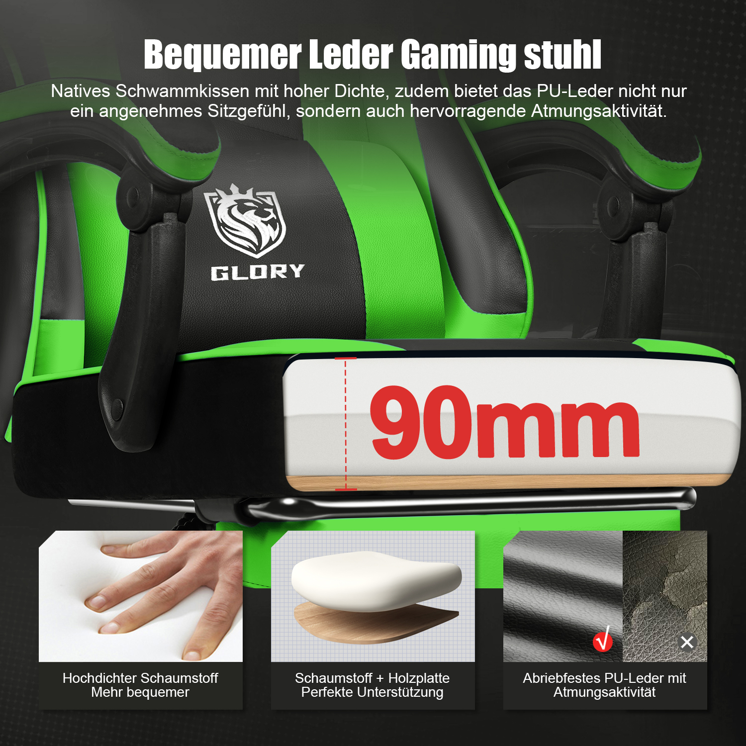 Grüner und schwarzer Gaming-Stuhl mit 90 mm dickem Kissen, hochdichtem Schaumstoff und verschleißfestem PU-Leder.