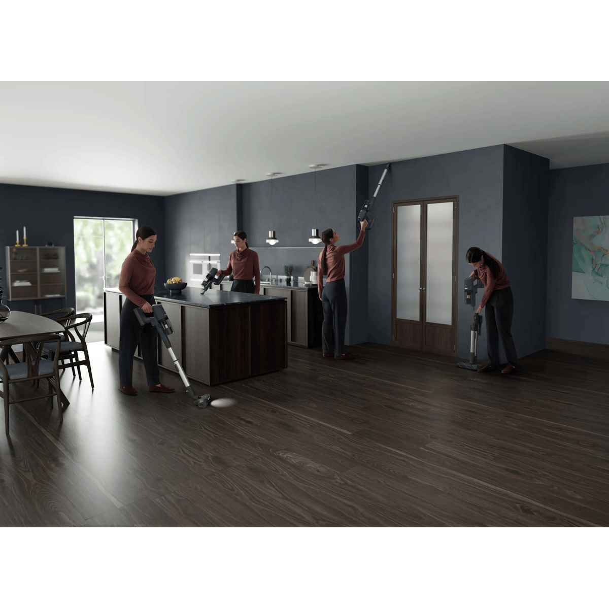 Una mujer usa una aspiradora sin cable en varios lugares de una habitación moderna.
