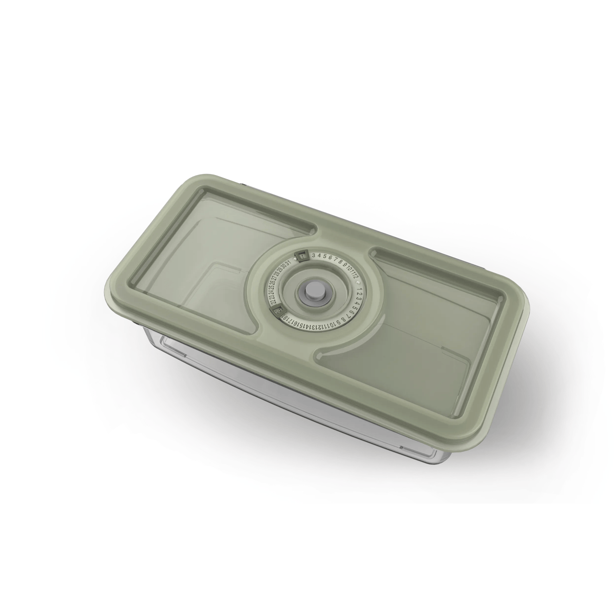 Recipiente transparente para alimentos con tapa verde y selector de fecha sobre fondo blanco.