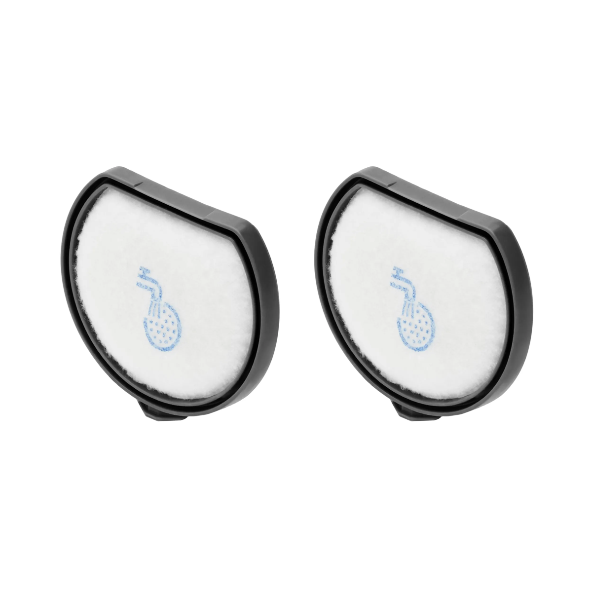 Dos filtros redondos en blanco y negro con iconos de grifo azules sobre fondo blanco.