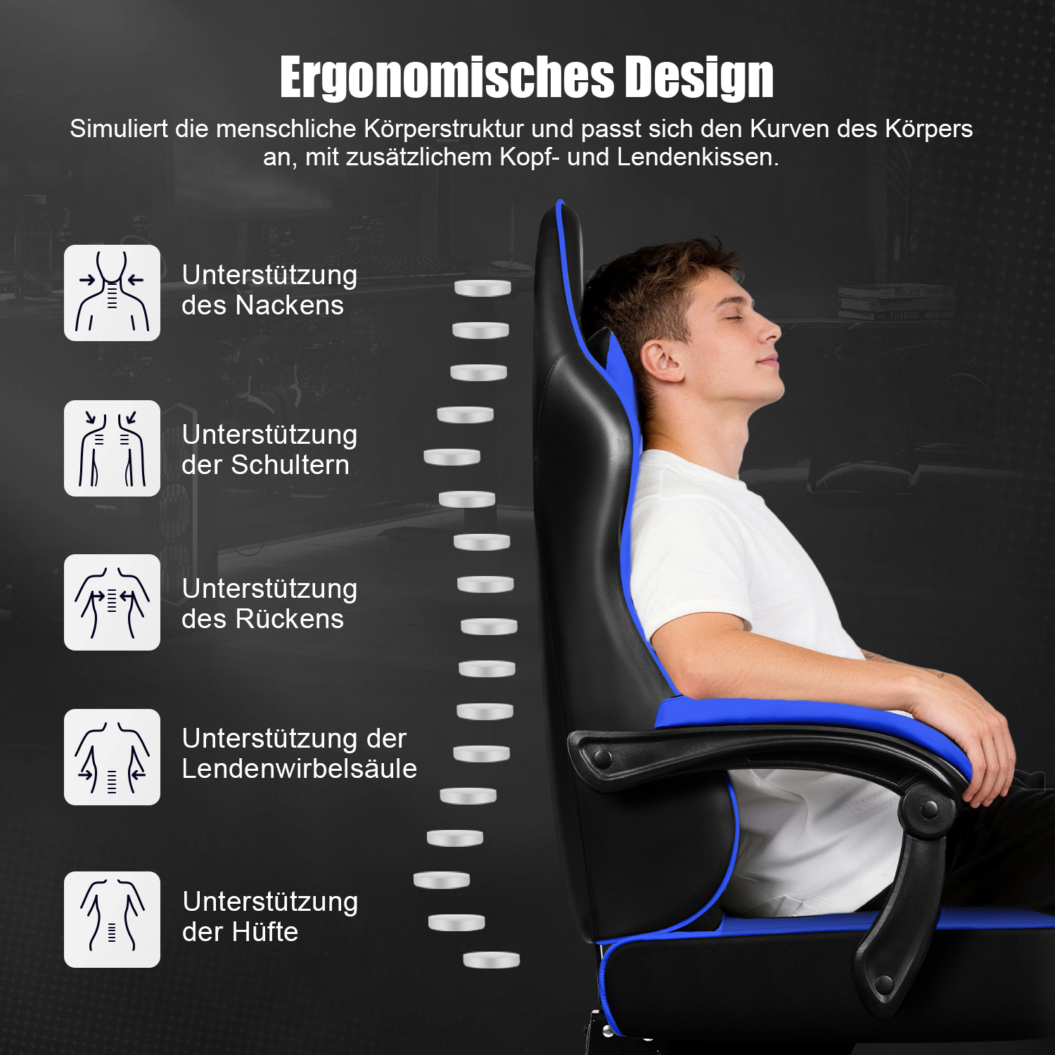 Ein Mann entspannt in einem ergonomischen Gaming-Stuhl mit Diagrammen zur Wirbelsäulenunterstützung.