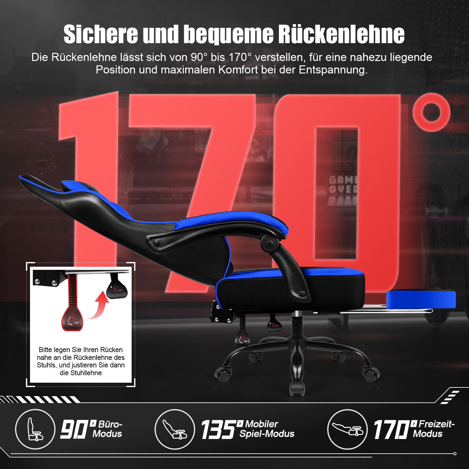 Ein schwarz-blauer Gaming-Stuhl auf 170 Grad geneigt mit Fußstütze, deutscher Text und Symbole.