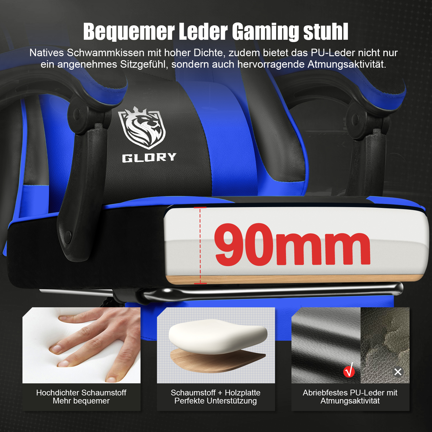 Ein blau-schwarzer Gaming-Stuhl mit 90mm Kissen, hochdichtem Schaumstoff und abriebfestem PU-Leder.
