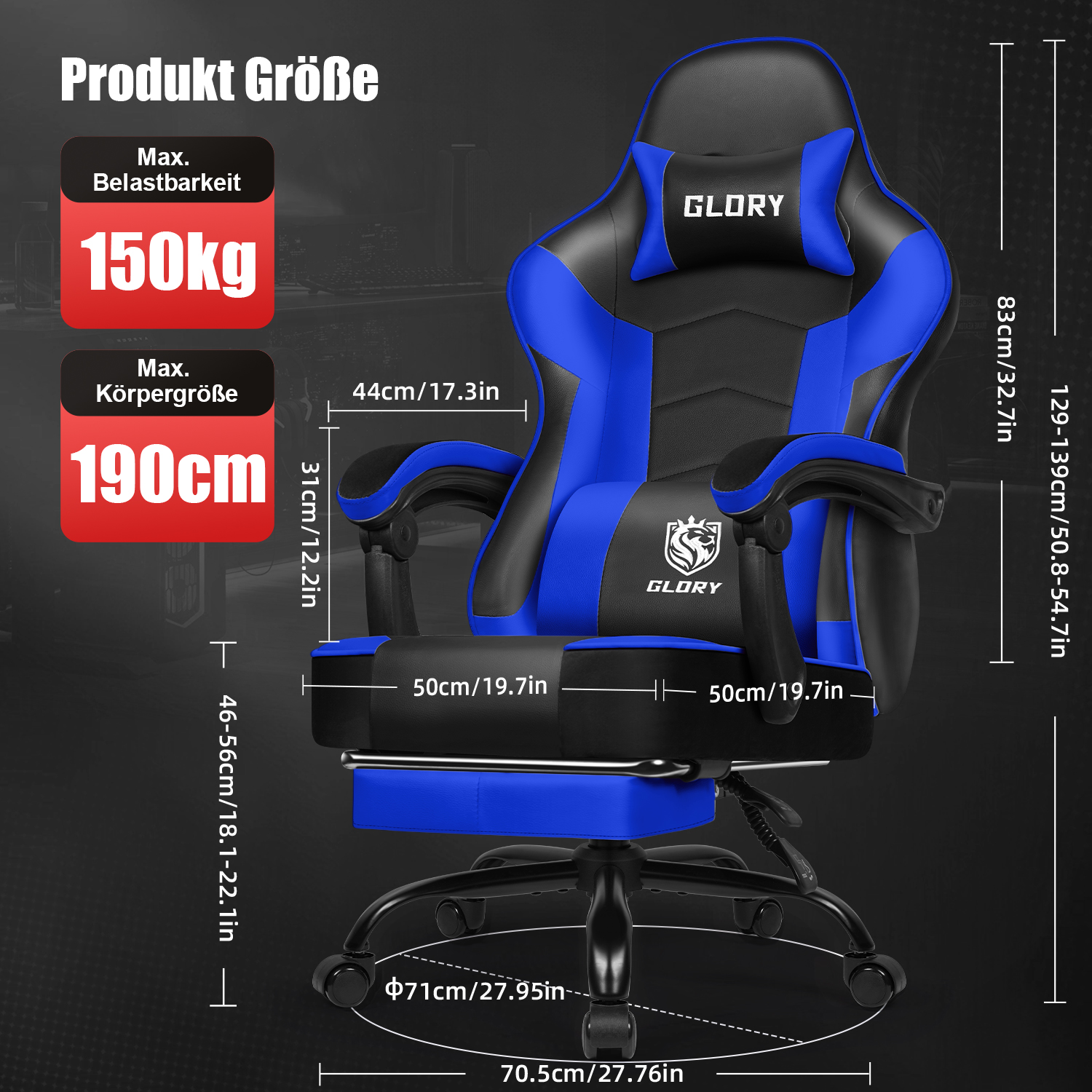 Blau-schwarzer Gaming-Stuhl mit Fußstütze und Maßangaben.
