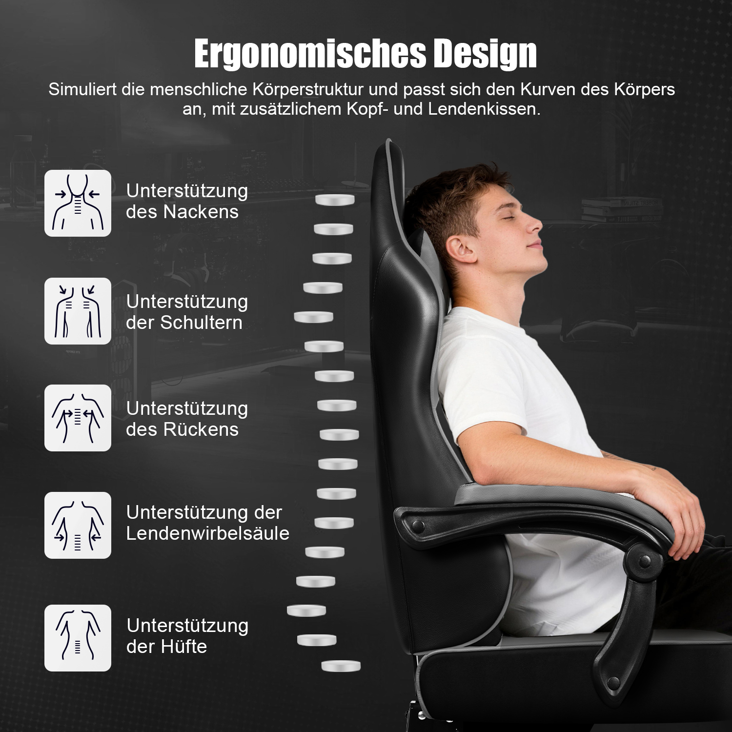 Mann sitzt entspannt in ergonomischem Gaming-Stuhl, Grafik zeigt Wirbelsäulenunterstützung.