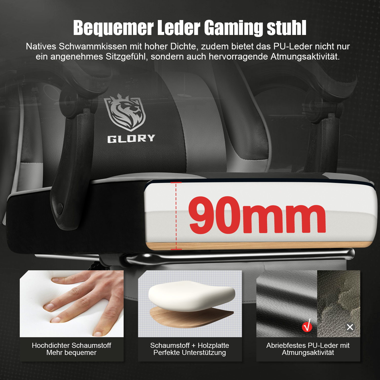 Bequemer Gaming-Stuhl aus PU-Leder mit 90mm dickem Schaumstoff und Holzplatte.