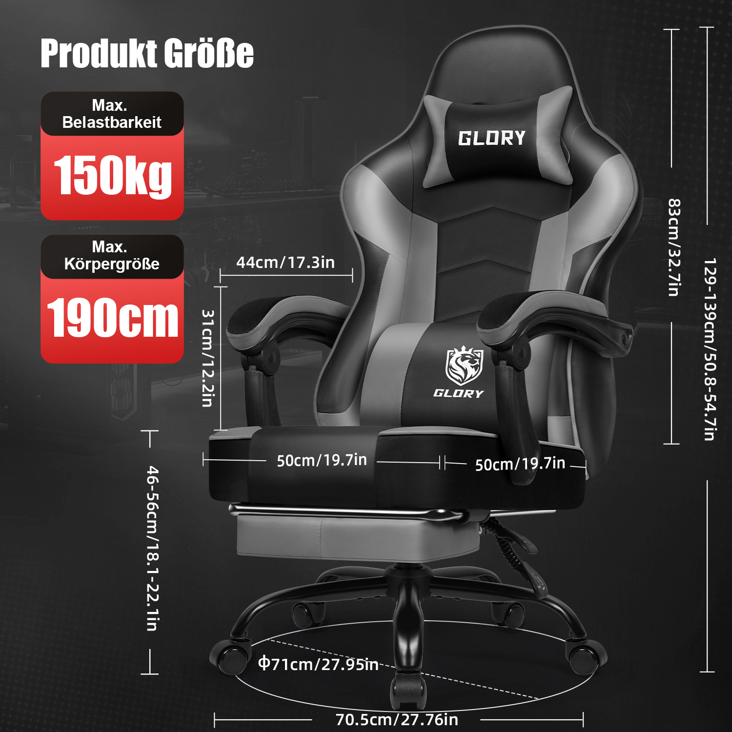 Ein schwarz-grauer Gaming-Stuhl mit Maßen und Gewichtskapazität.