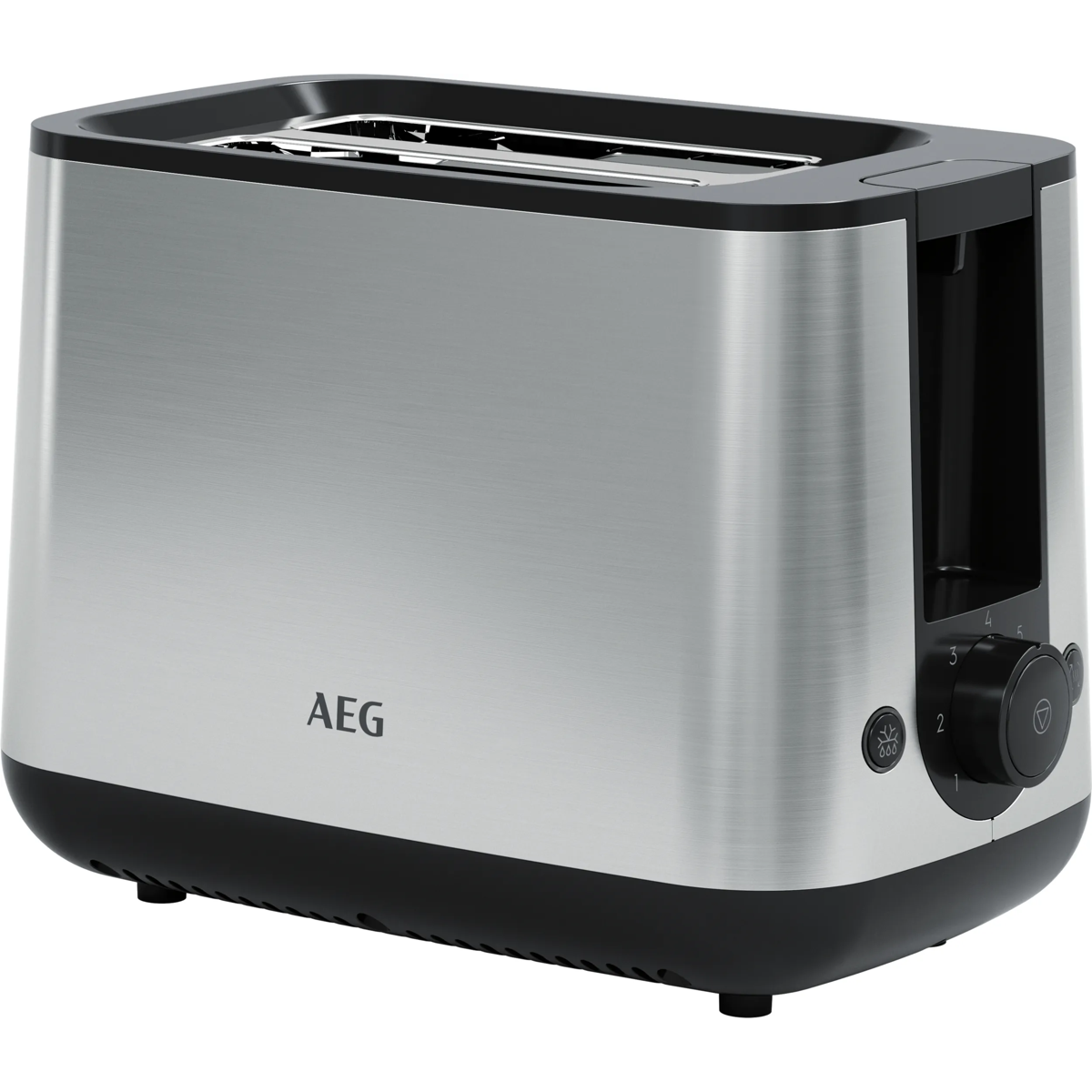 Moderno tostador plateado AEG con base negra y selector giratorio.
