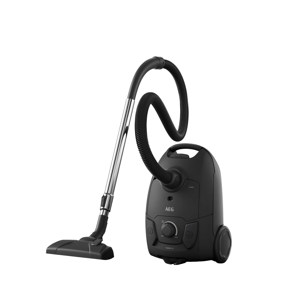 Un aspirapolvere AEG nero con tubo flessibile lungo e tubo telescopico cromato su sfondo bianco.