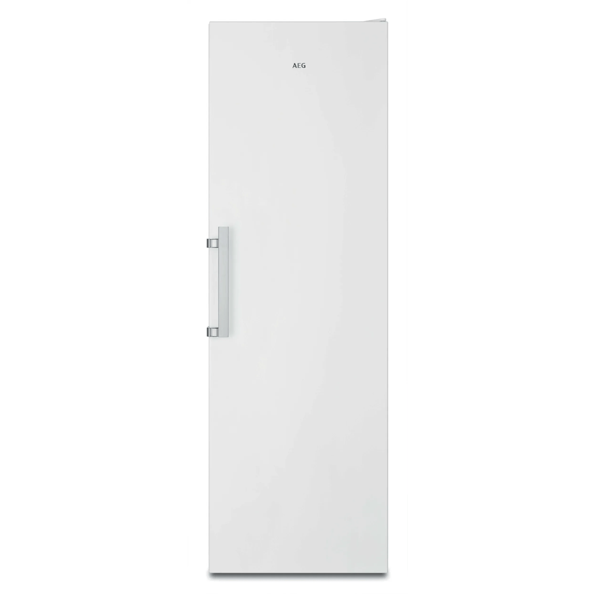 Un congelador vertical AEG blanco con tirador plateado sobre fondo blanco.