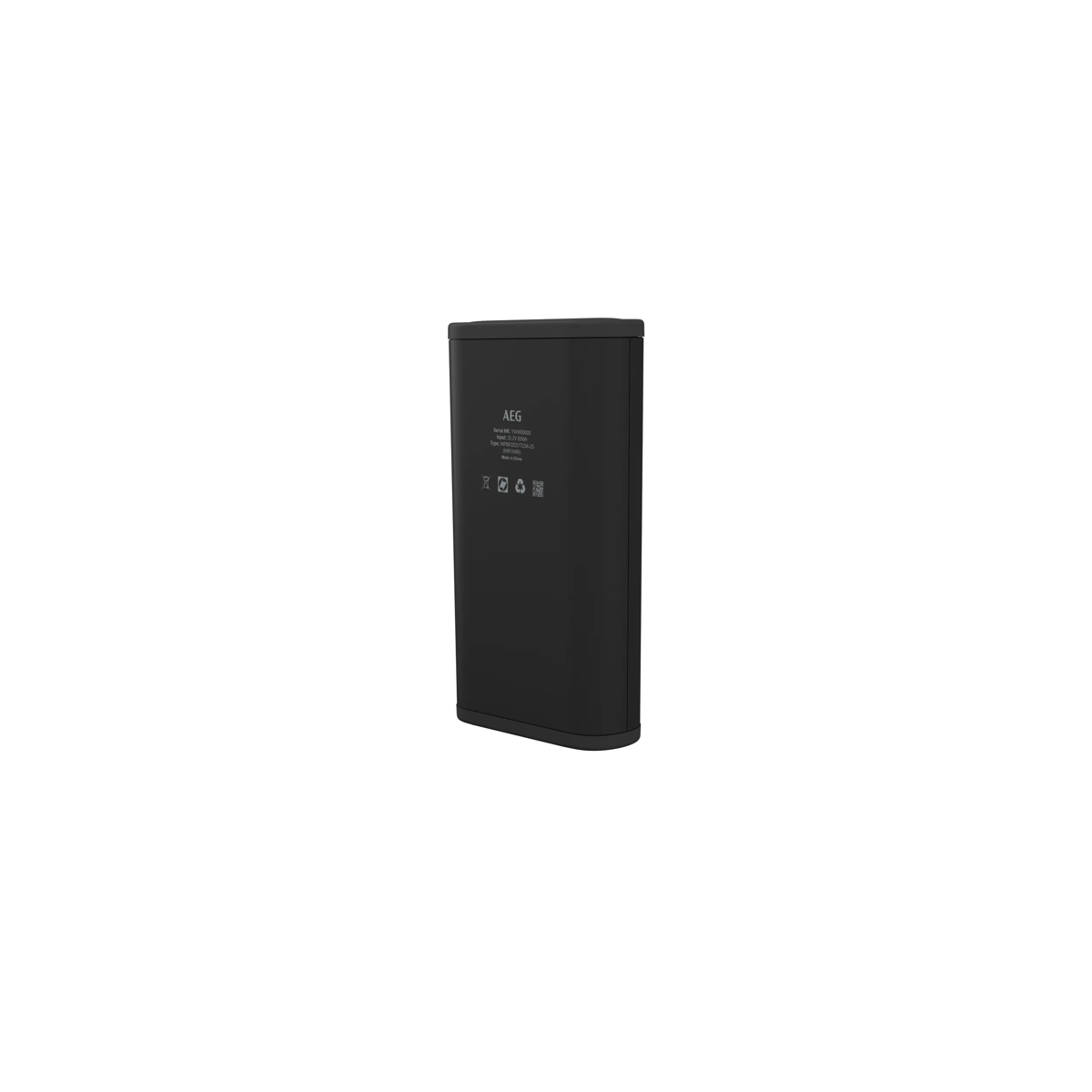 Una batería recargable AEG negra con especificaciones técnicas e iconos sobre fondo blanco.