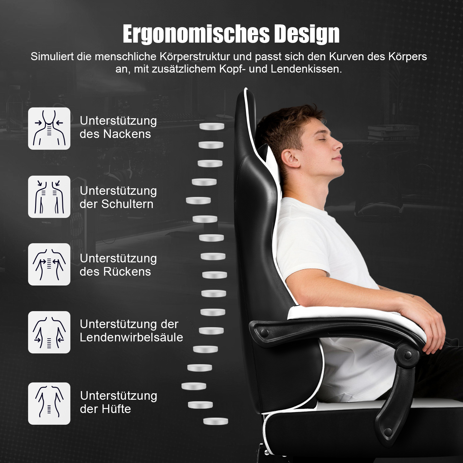 Ein Mann sitzt entspannt in einem ergonomischen Stuhl, während Icons die Körperunterstützung für verschiedene Bereiche zeigen.