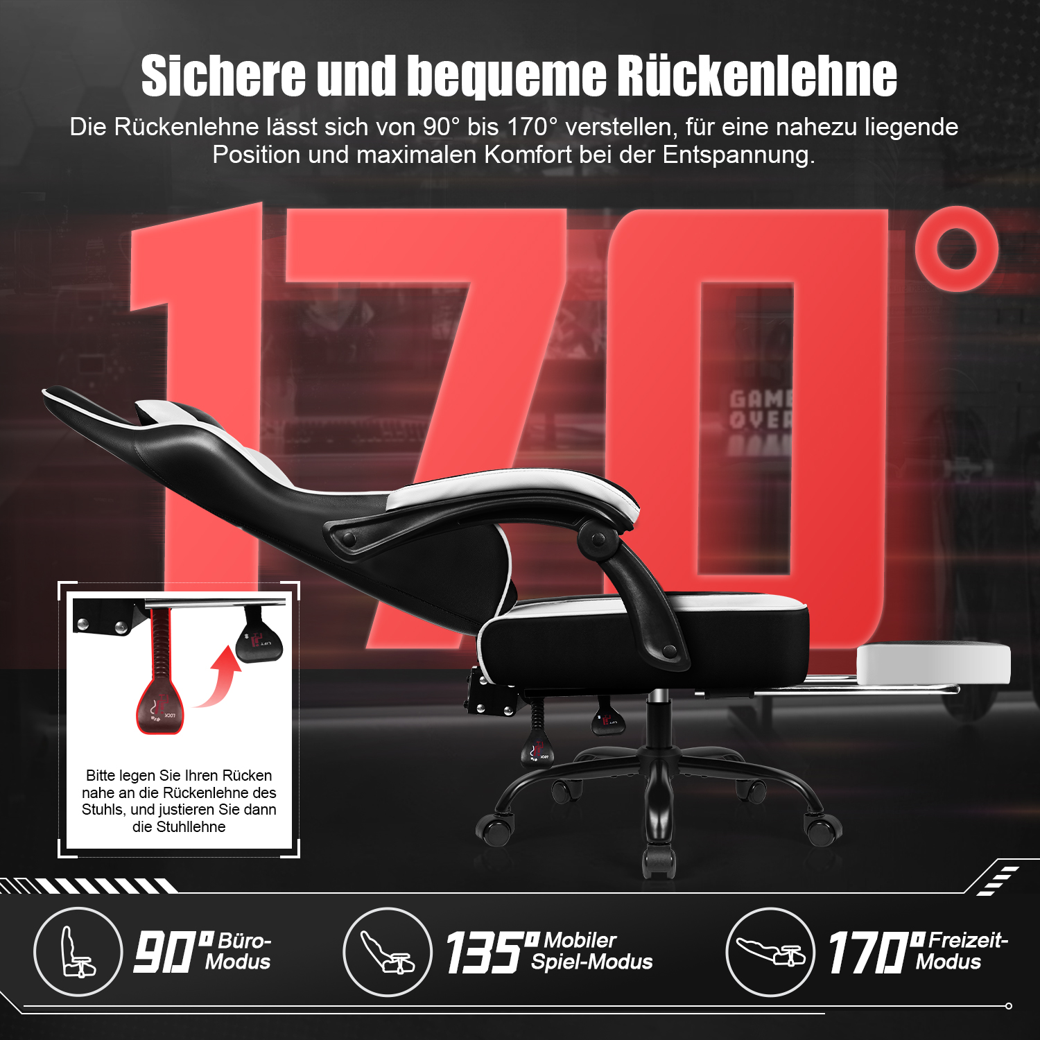 Ein schwarz-weißer Gaming-Stuhl mit einer um 170 Grad verstellbaren Rückenlehne und ausklappbarer Fußstütze.